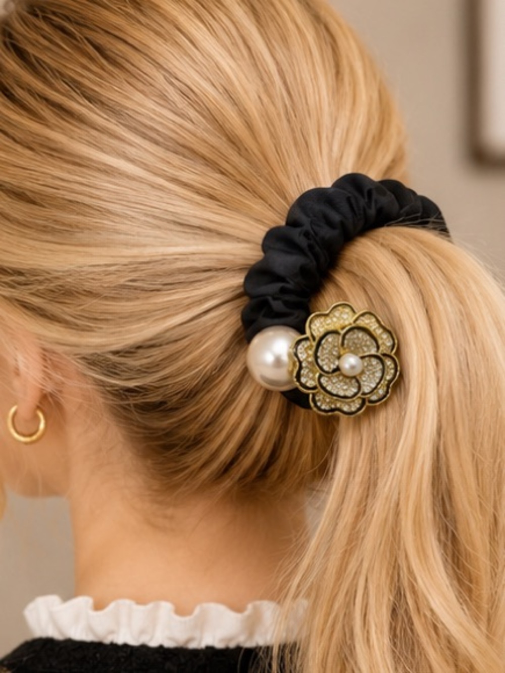 Designer Inspired Crystal Camellia Pearl Scrunchie Hair Tie Black & Gold - Picture 5 of 5